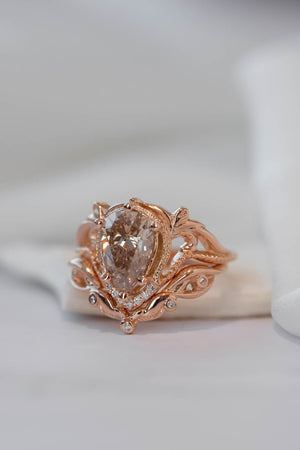 Champagne diamond rose gold engagement ring set, vintage inspired bridal ring set with diamonds / Lida - Eden Garden Jewelry™