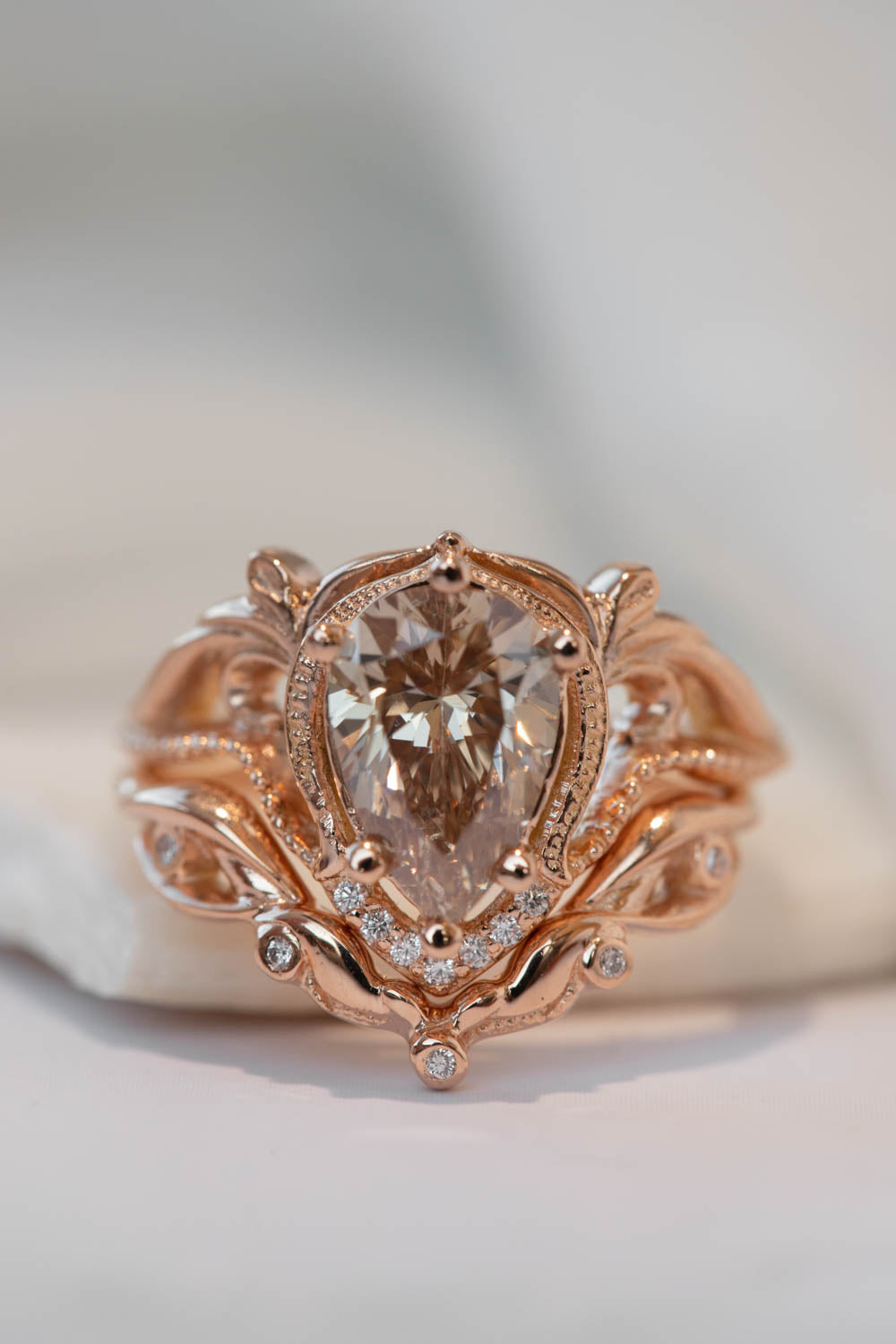 Big pear champagne diamond engagement ring, vintage inspired rose gold statement ring / Lida - Eden Garden Jewelry™