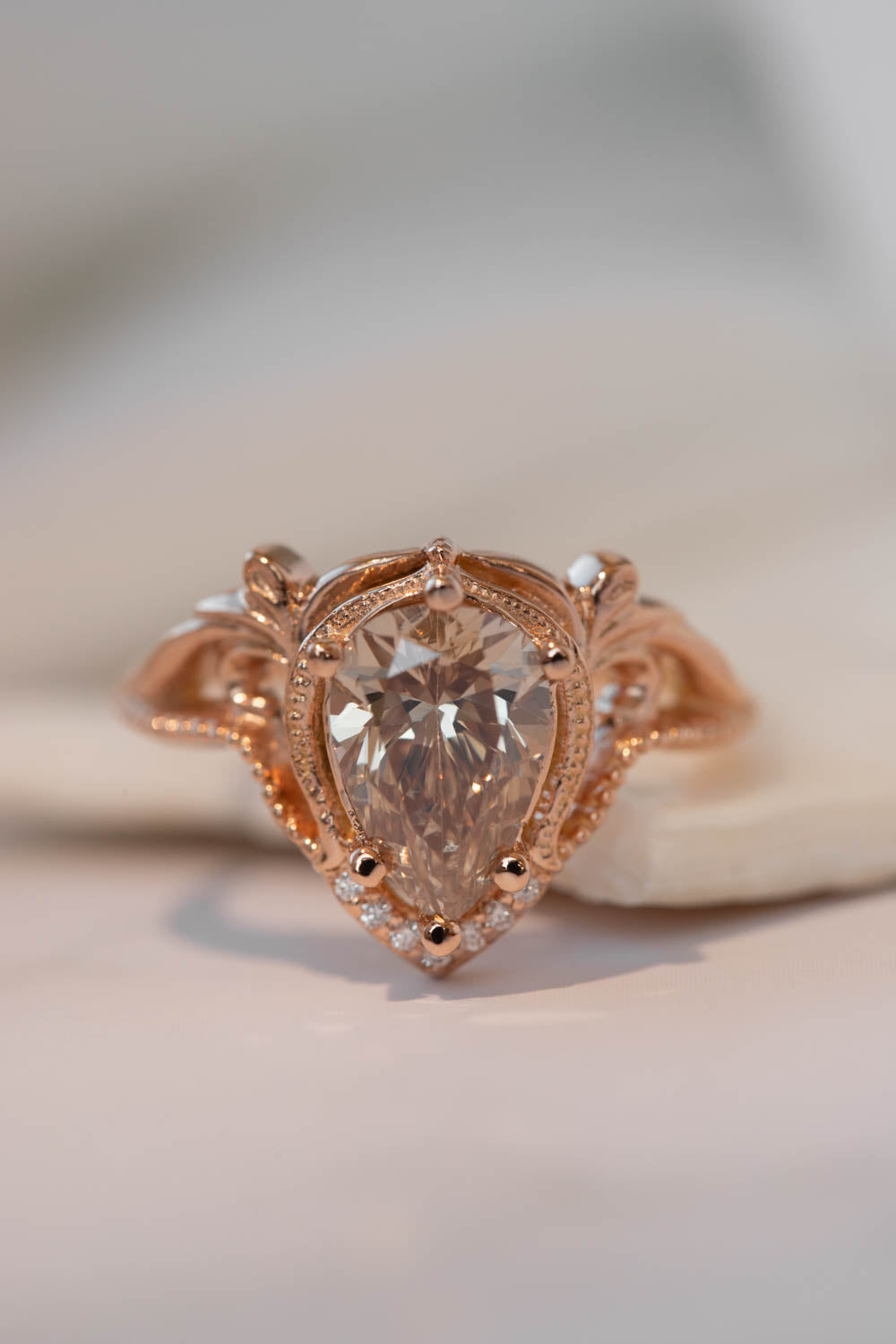 Champagne diamond rose gold engagement ring set, vintage inspired bridal ring set with diamonds / Lida - Eden Garden Jewelry™