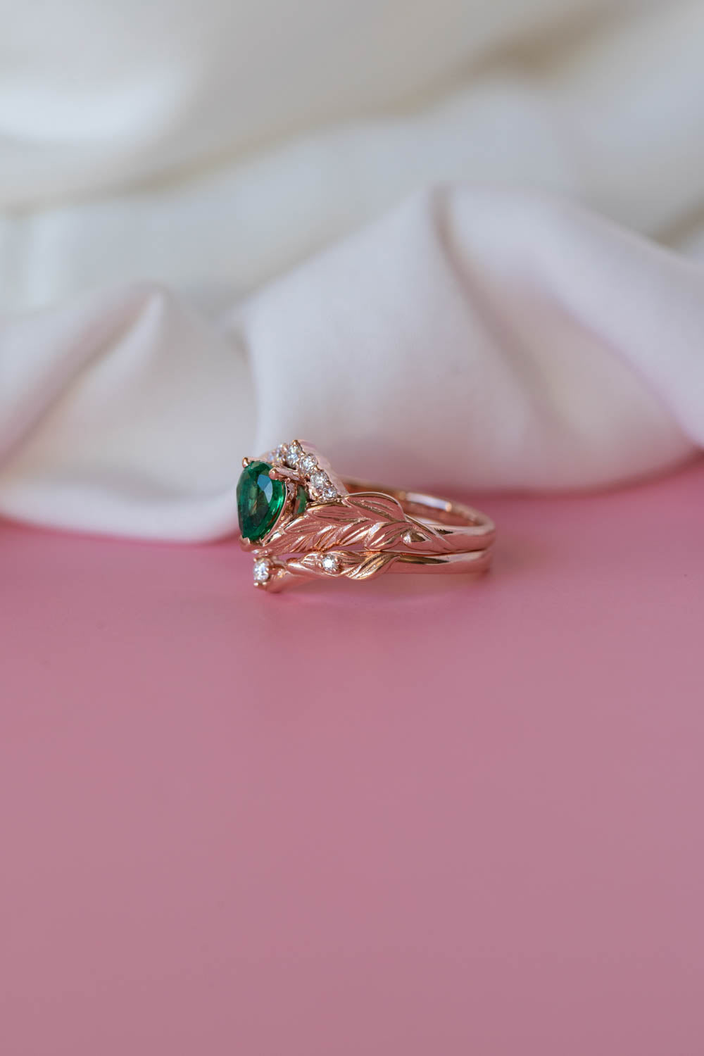 Natural emerald bridal ring set, diamond crown gold leaf engagement and wedding rings  / Palmira Crown - Eden Garden Jewelry™