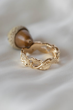 READY TO SHIP: Oak leaves and acorns wedding ring in 14K yellow gold, AVAILABLE RING SIZES - 5.5, 8.5 US - Eden Garden Jewelry™