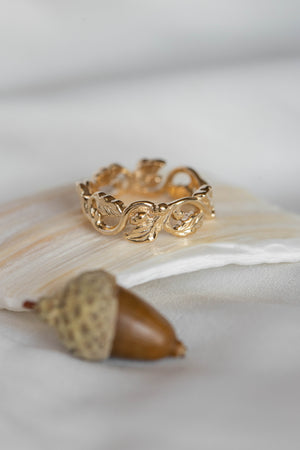 READY TO SHIP: Oak leaves and acorns wedding ring in 14K yellow gold, AVAILABLE RING SIZES - 5.5, 8.5 US - Eden Garden Jewelry™