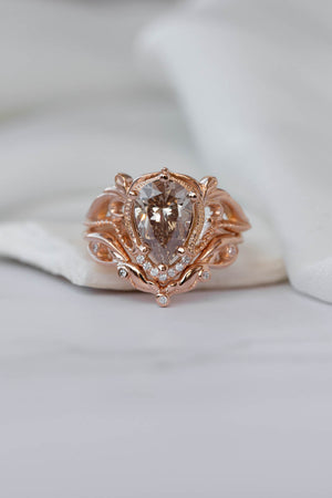 Champagne diamond rose gold engagement ring set, vintage inspired bridal ring set with diamonds / Lida - Eden Garden Jewelry™