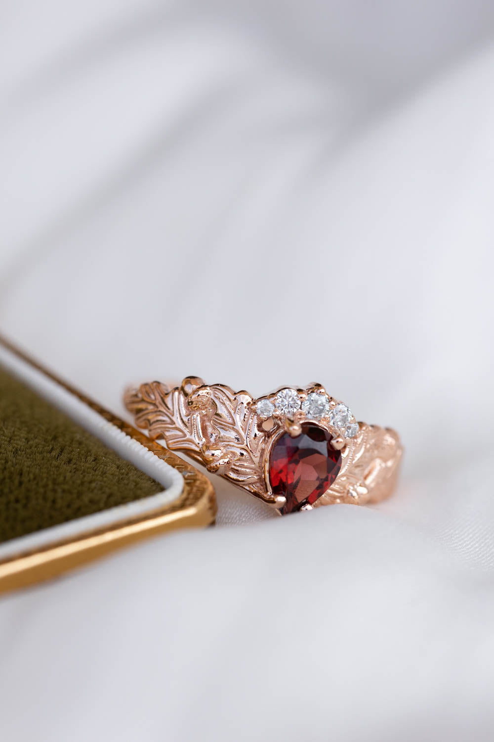 Diamond crown and garnet engagement ring, gorgeous nature inspired proposal ring / Royal Oak - Eden Garden Jewelry™