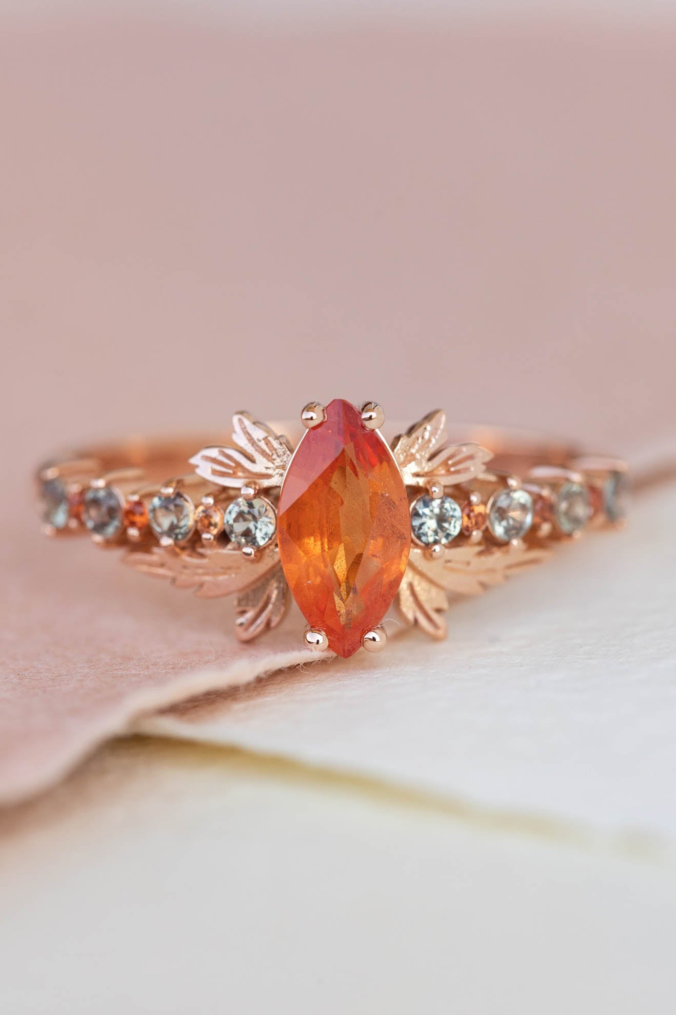 Multi sapphire engagement ring, nature inspired ring with orange sapphire / Verbena - Eden Garden Jewelry™