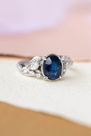 Royal blue sapphire engagement ring, nature inspired white gold proposal ring with diamonds / Patricia - Eden Garden Jewelry™