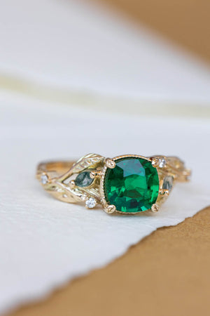 Lab emerald and moss agates branch engagement ring, cushion cut gemstone gold proposal ring / Patricia - Eden Garden Jewelry™