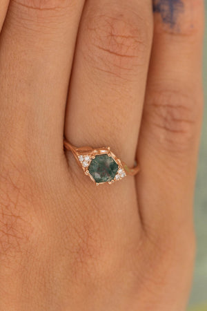 READY TO SHIP: Roma set in 14K rose gold, hexagon moss agate, moissanites, RING SIZE 7 US - Eden Garden Jewelry™