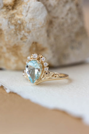 2.8 carat aquamarine bridal ring set, big pear cut engagement rings with diamond crown / Ariadne - Eden Garden Jewelry™