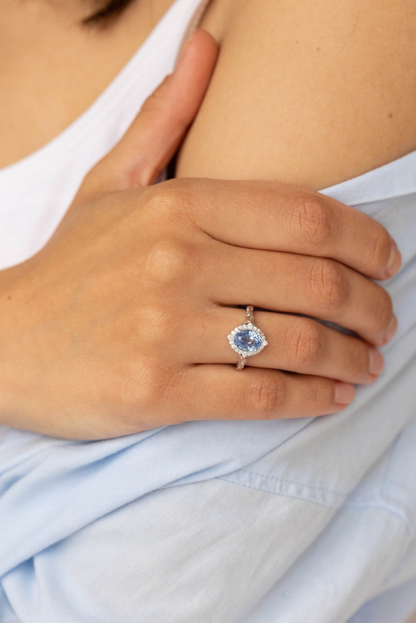 READY TO SHIP: Florentina bridal ring set in 14K white gold, natural sapphire 9x7 mm, natural diamonds, AVAILABLE RING SIZES: 6-8US - Eden Garden Jewelry™