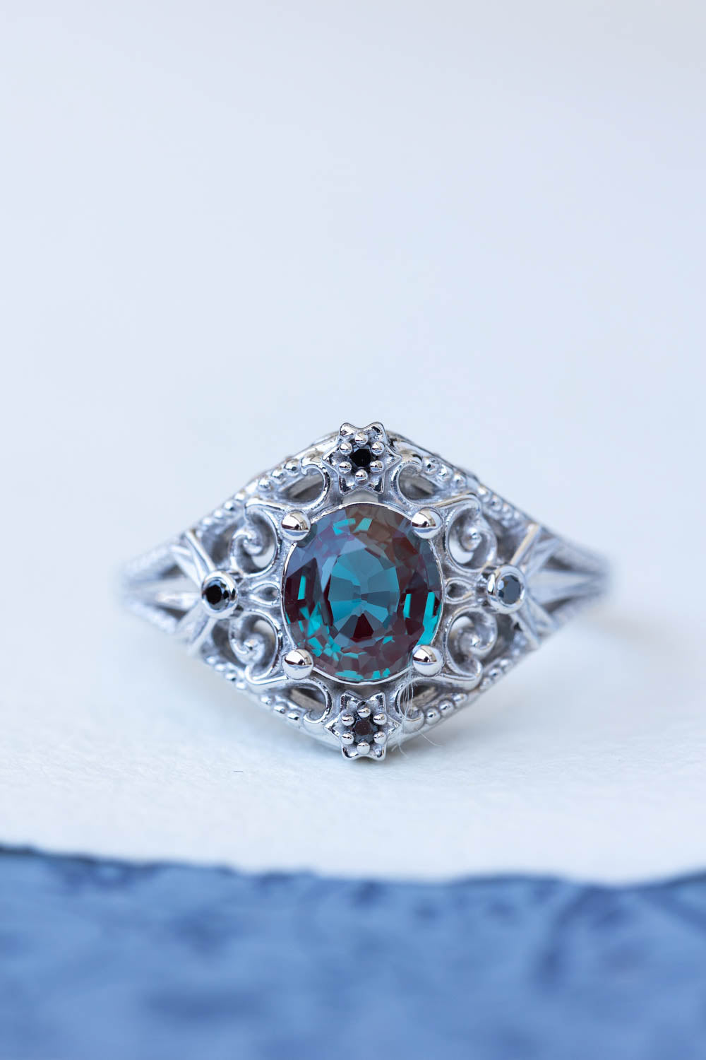 Alexandrite and black diamonds anniversary ring, white gold stars engagement ring - Eden Garden Jewelry™