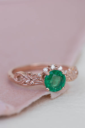 Round emerald rose gold engagement ring, clover leaves proposal ring with diamonds / Horta - Eden Garden Jewelry™