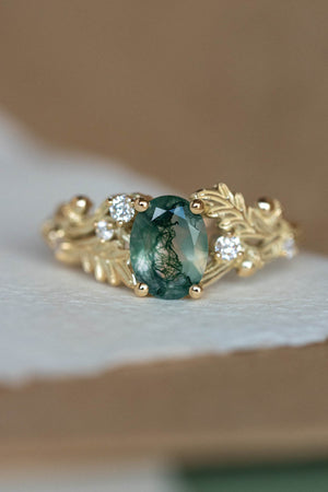 Moss agate engagement ring, gold oak leaves and diamonds proposal ring / Silviya - Eden Garden Jewelry™