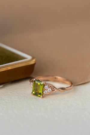 Peridot engagement ring, emerald cut gemstone proposal ring with accent diamonds / Gloria - Eden Garden Jewelry™