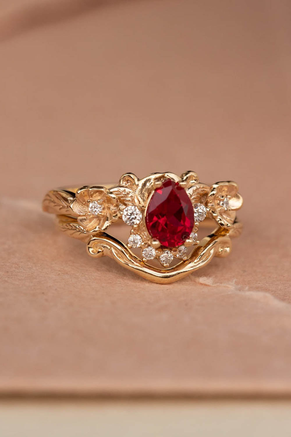 Ruby and crown diamonds engagement ring, gold flower proposal ring / Adelina - Eden Garden Jewelry™