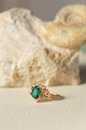 Pear lab emerald engagement ring, vintage inspired gold ring with diamonds / Lida small - Eden Garden Jewelry™