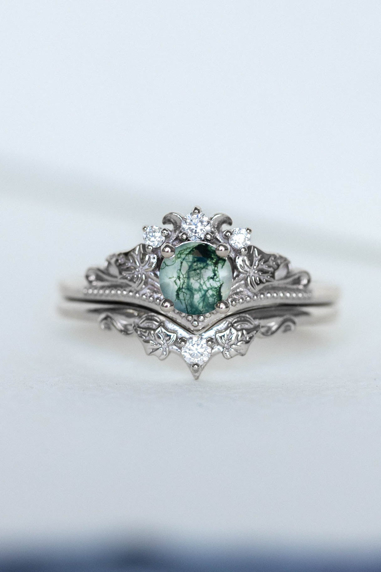 READY TO SHIP: Ariadne bridal ring set in 14K or 18K white gold, natural moss agate 5 mm, accents moissanites, AVAILABLE RING SIZES: 6-11US - Eden Garden Jewelry™