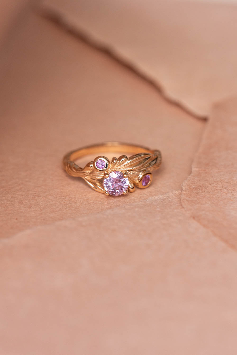 Pink sapphires engagement ring, olive branch gold ring with sapphires / Olivia - Eden Garden Jewelry™