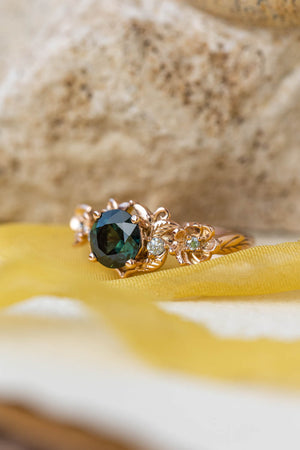 1 carat teal sapphire engagement ring, floral ring with diamonds / Adelina - Eden Garden Jewelry™