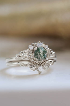 READY TO SHIP: Ariadne bridal ring set in 14K or 18K white gold, natural moss agate 5 mm, accents moissanites, AVAILABLE RING SIZES: 6-11US - Eden Garden Jewelry™