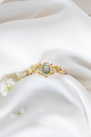 Moss agate and diamonds floral engagement ring / Adelina - Eden Garden Jewelry™