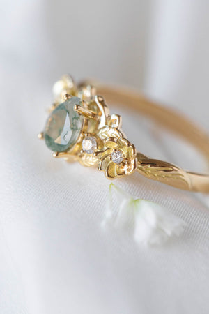 Moss agate and diamonds floral engagement ring / Adelina - Eden Garden Jewelry™