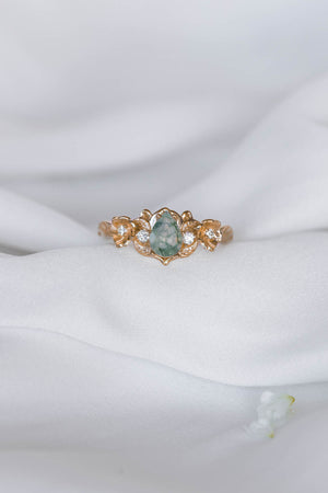 Moss agate and diamonds floral engagement ring / Adelina - Eden Garden Jewelry™