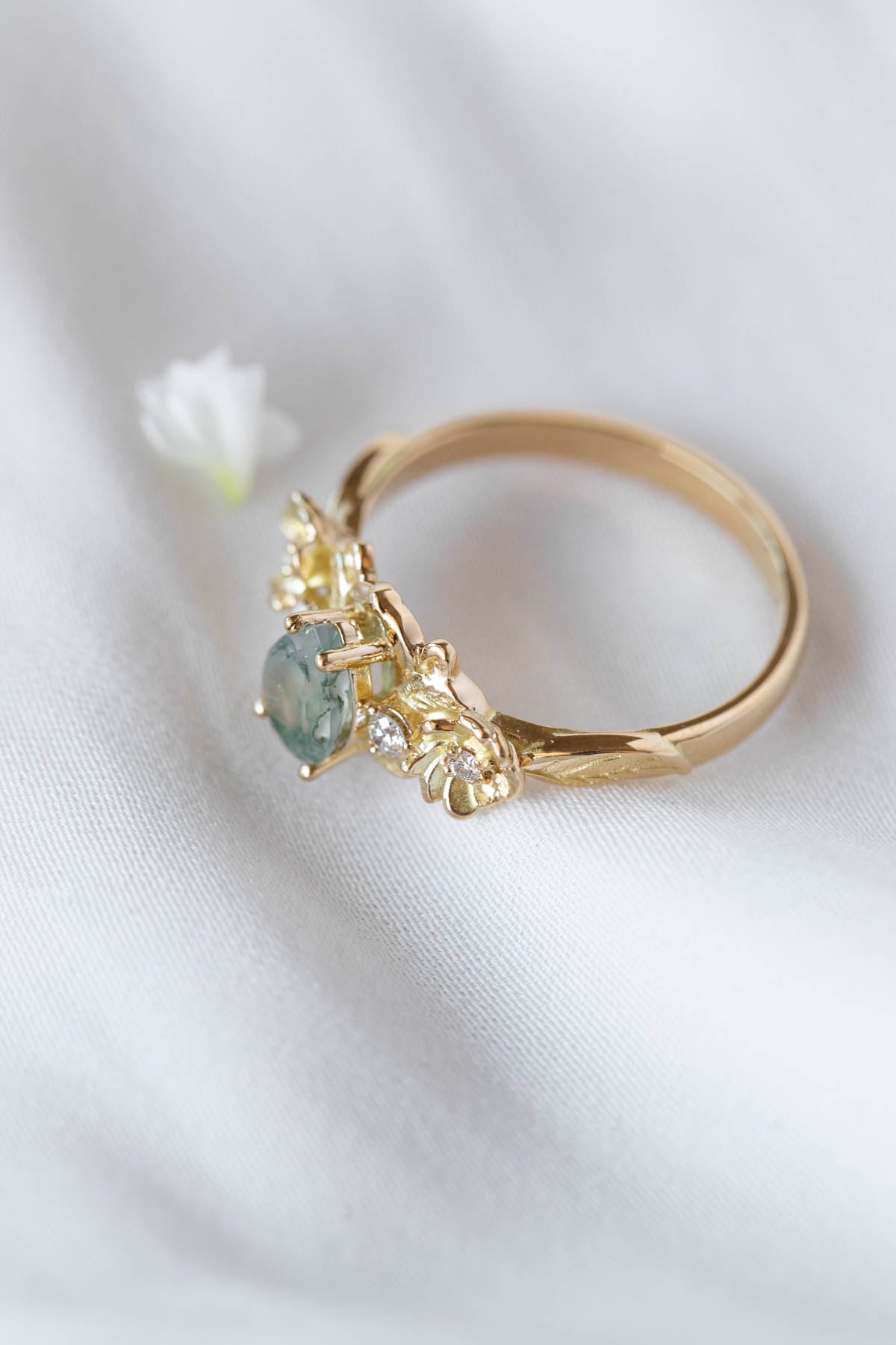 Moss agate and diamonds floral engagement ring / Adelina - Eden Garden Jewelry™