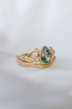 Moss agate and marquise diamonds engagement ring set, gold branch ring with diamonds / Patricia - Eden Garden Jewelry™