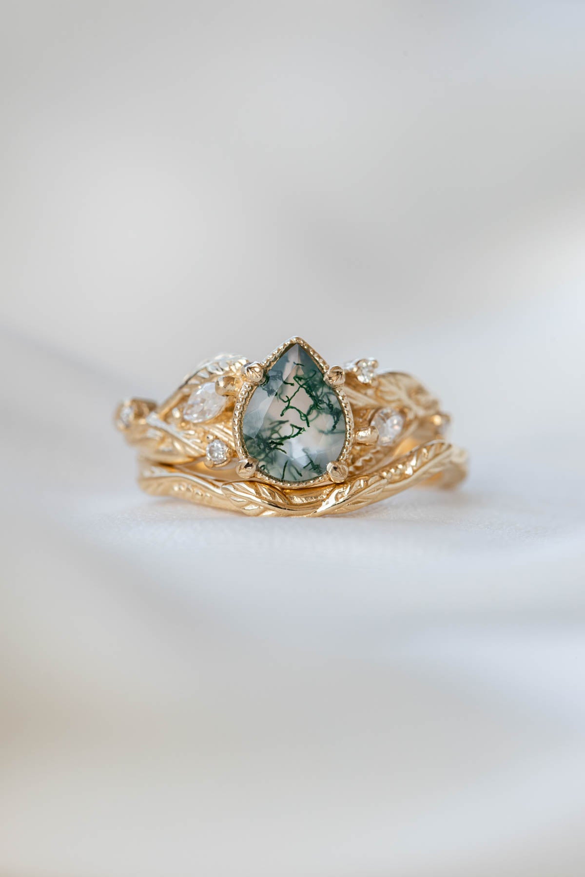 Moss agate and marquise diamonds engagement ring set, gold branch ring with diamonds / Patricia - Eden Garden Jewelry™