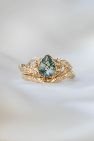 Pear moss agate engagement ring with diamonds, gold leaf branch proposal ring / Patricia - Eden Garden Jewelry™