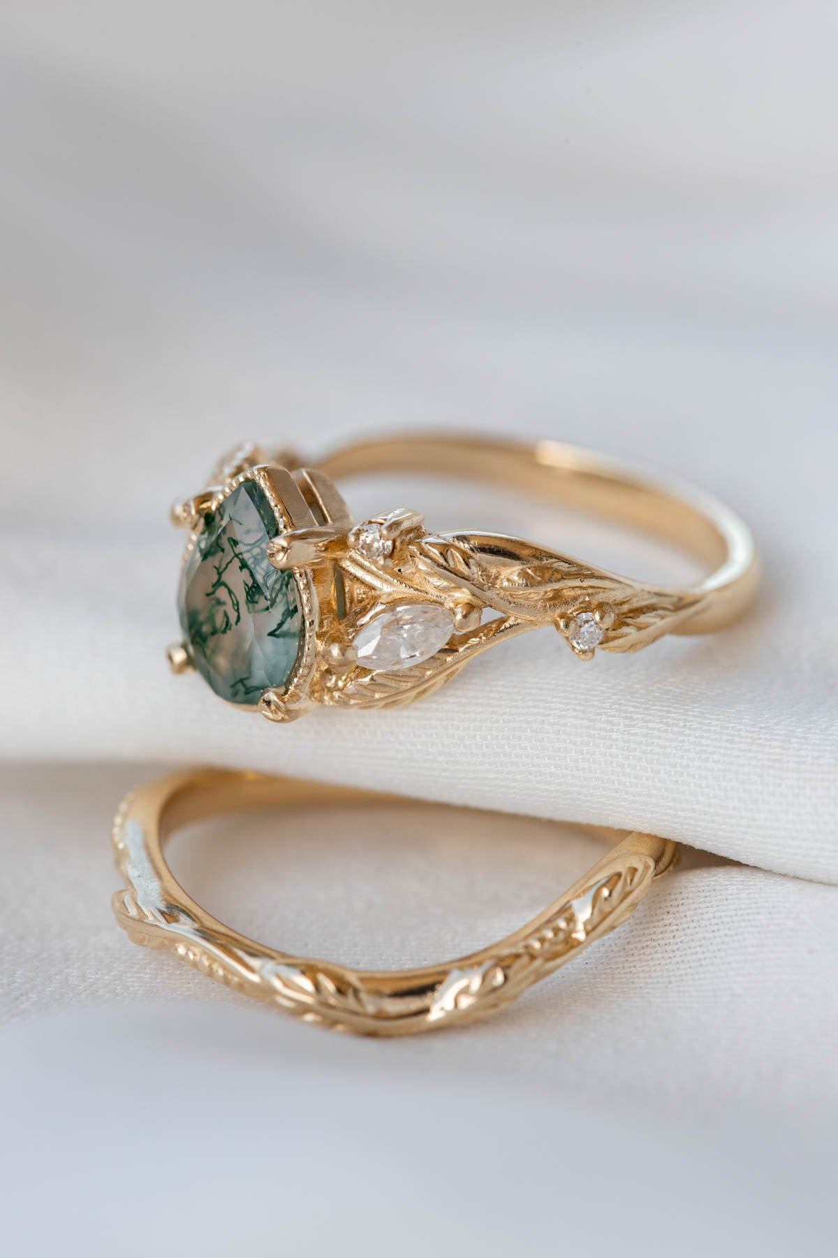 Moss agate and marquise diamonds engagement ring set, gold branch ring with diamonds / Patricia - Eden Garden Jewelry™