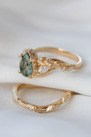 Moss agate and marquise diamonds engagement ring set, gold branch ring with diamonds / Patricia - Eden Garden Jewelry™