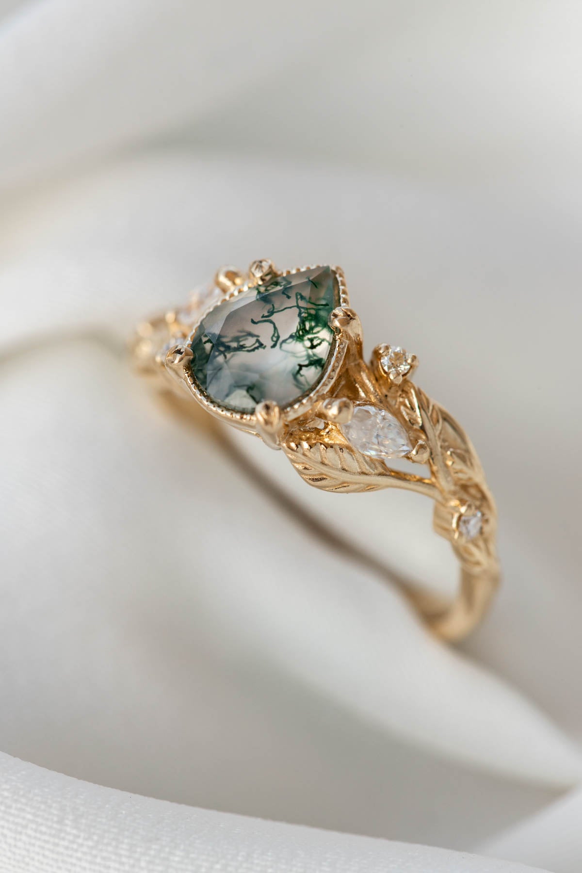 Pear moss agate engagement ring with diamonds, gold leaf branch proposal ring / Patricia - Eden Garden Jewelry™