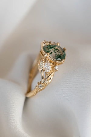 Pear moss agate engagement ring with diamonds, gold leaf branch proposal ring / Patricia - Eden Garden Jewelry™