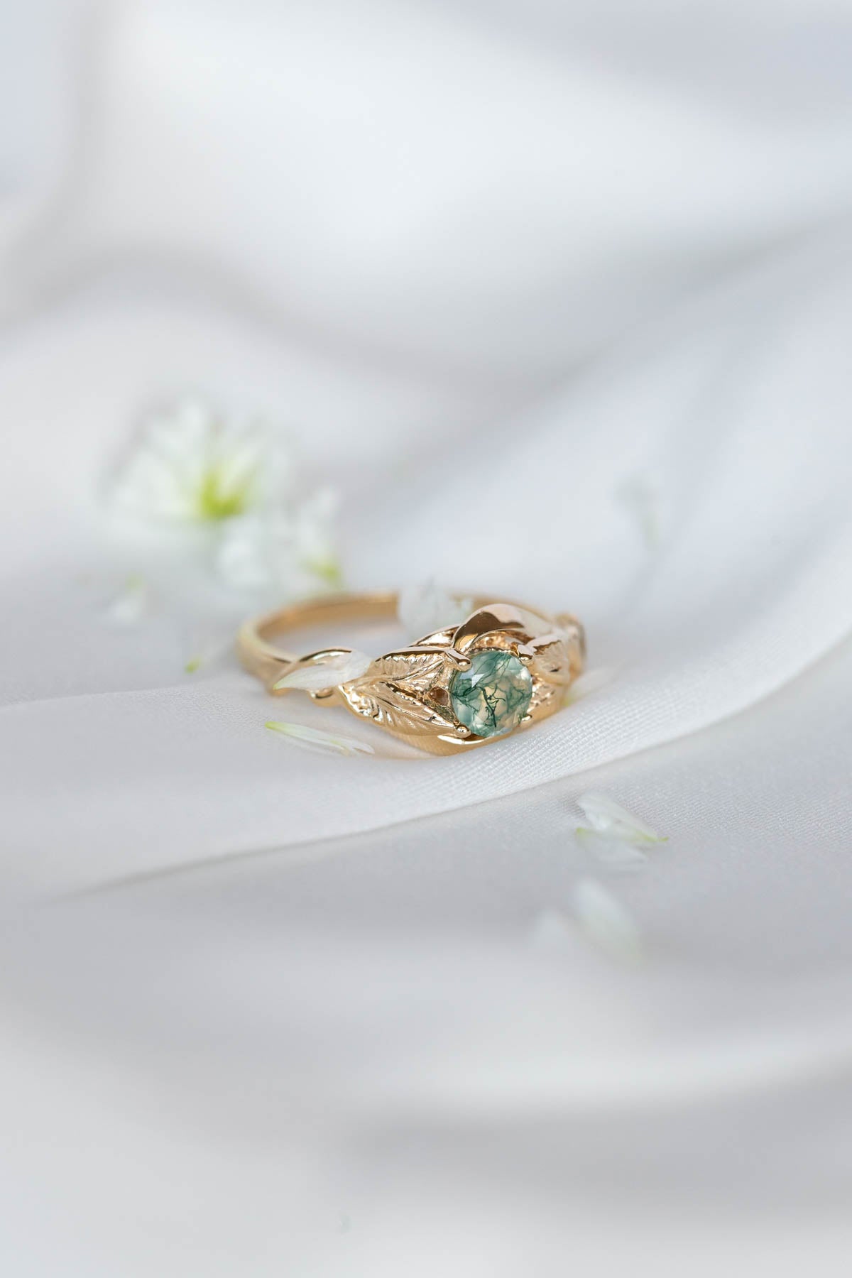 Delicate engagement ring with unique moss agate / Azalea - Eden Garden Jewelry™