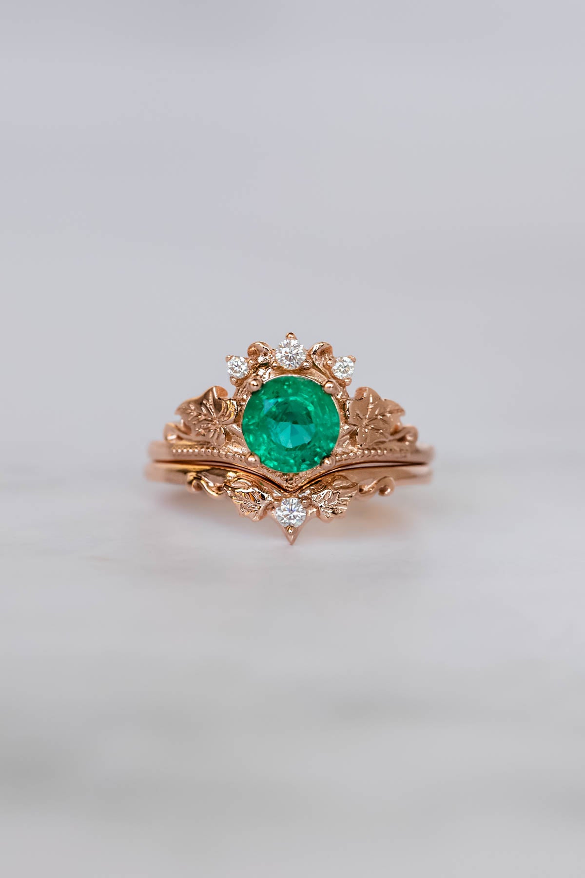 1 carat emerald engagement ring set, nature themed gold stacking rings with diamonds / Ariadne - Eden Garden Jewelry™