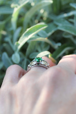 Pear cut emerald ring, leaves engagement ring / Wisteria - Eden Garden Jewelry™