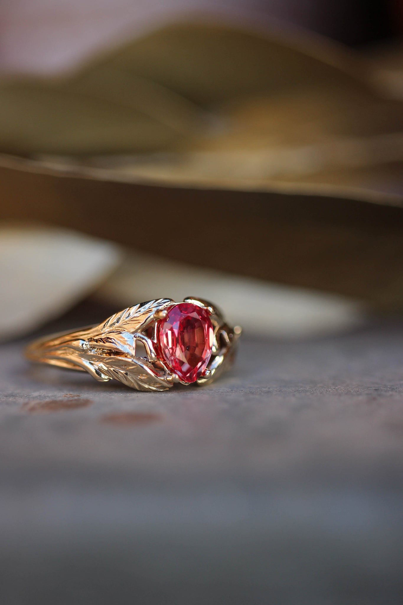 Padparadscha lab sapphire ring, leaves engagement ring / Wisteria - Eden Garden Jewelry™