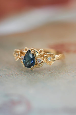 Sapphire and diamonds ring, flower engagement ring / Adelina - Eden Garden Jewelry™