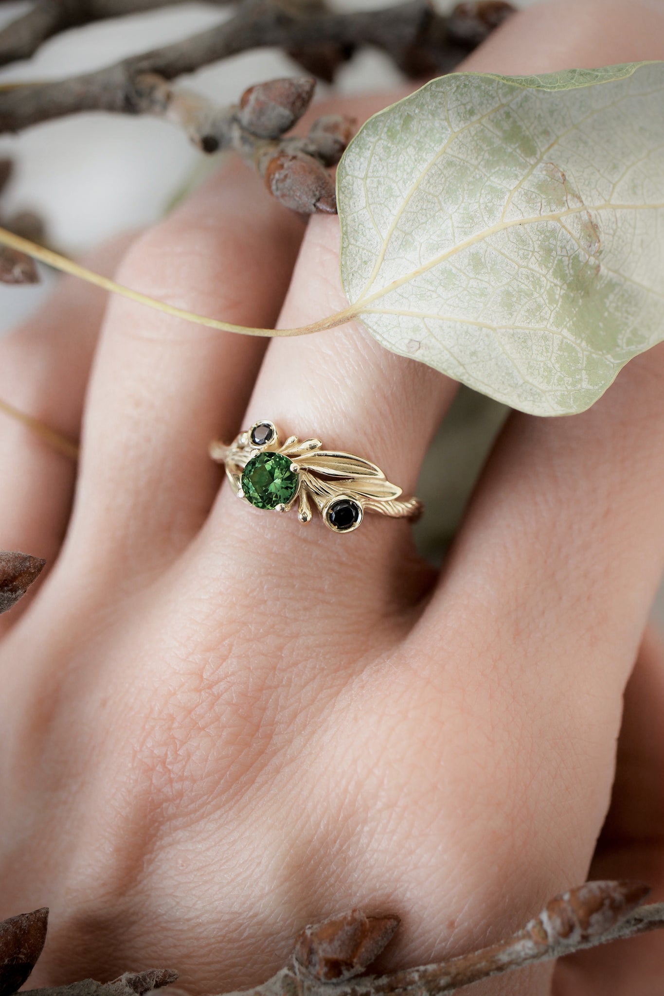 Olive branch ring with green tourmaline and black diamonds / Olivia - Eden Garden Jewelry™