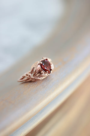 Red garnet engagement ring, leaves ring / Viola - Eden Garden Jewelry™