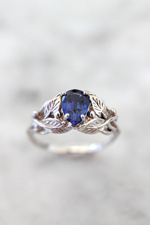 Lab sapphire engagement ring, leaves ring / Viola - Eden Garden Jewelry™