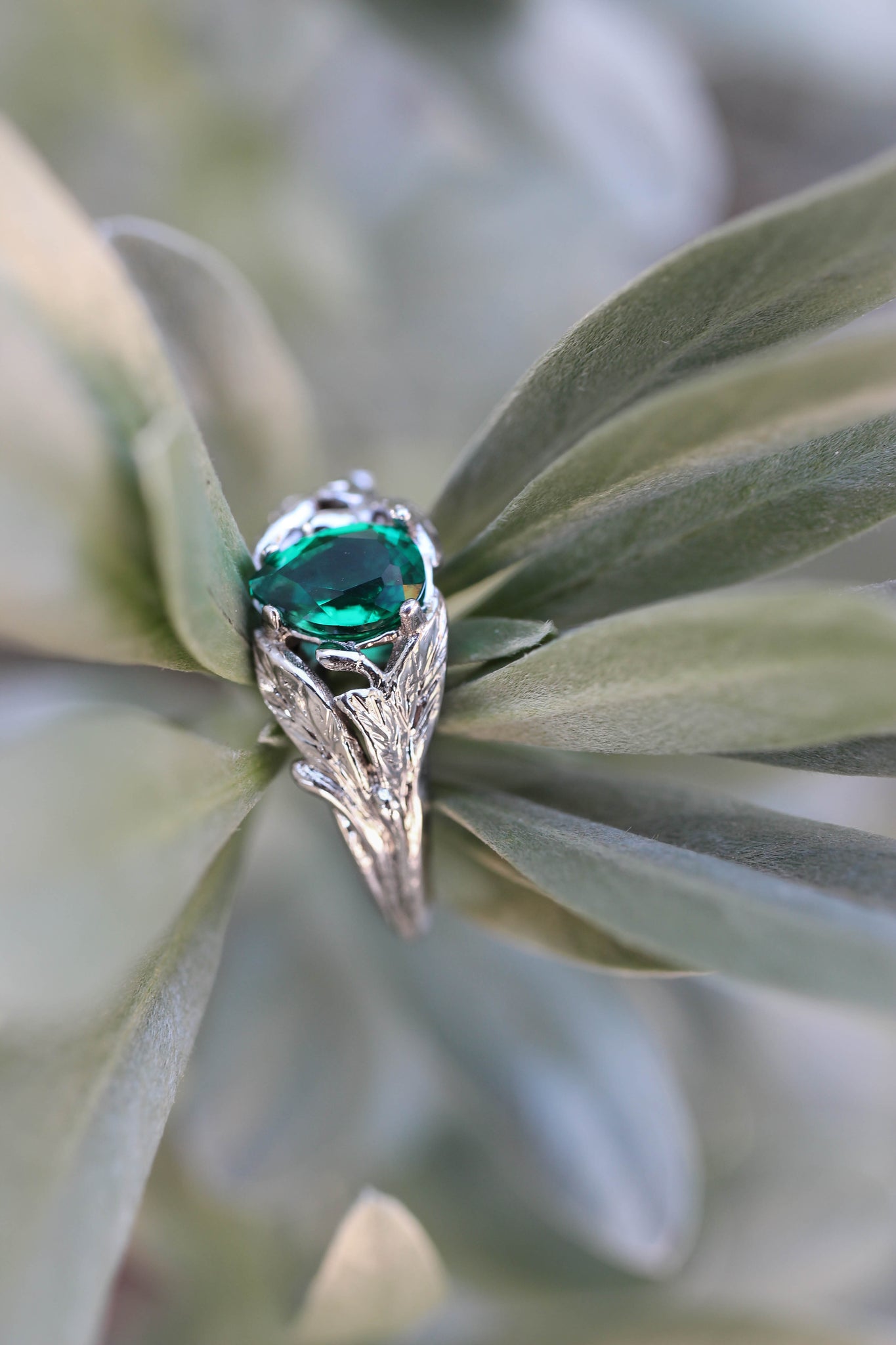 Pear cut emerald ring, leaves engagement ring / Wisteria - Eden Garden Jewelry™