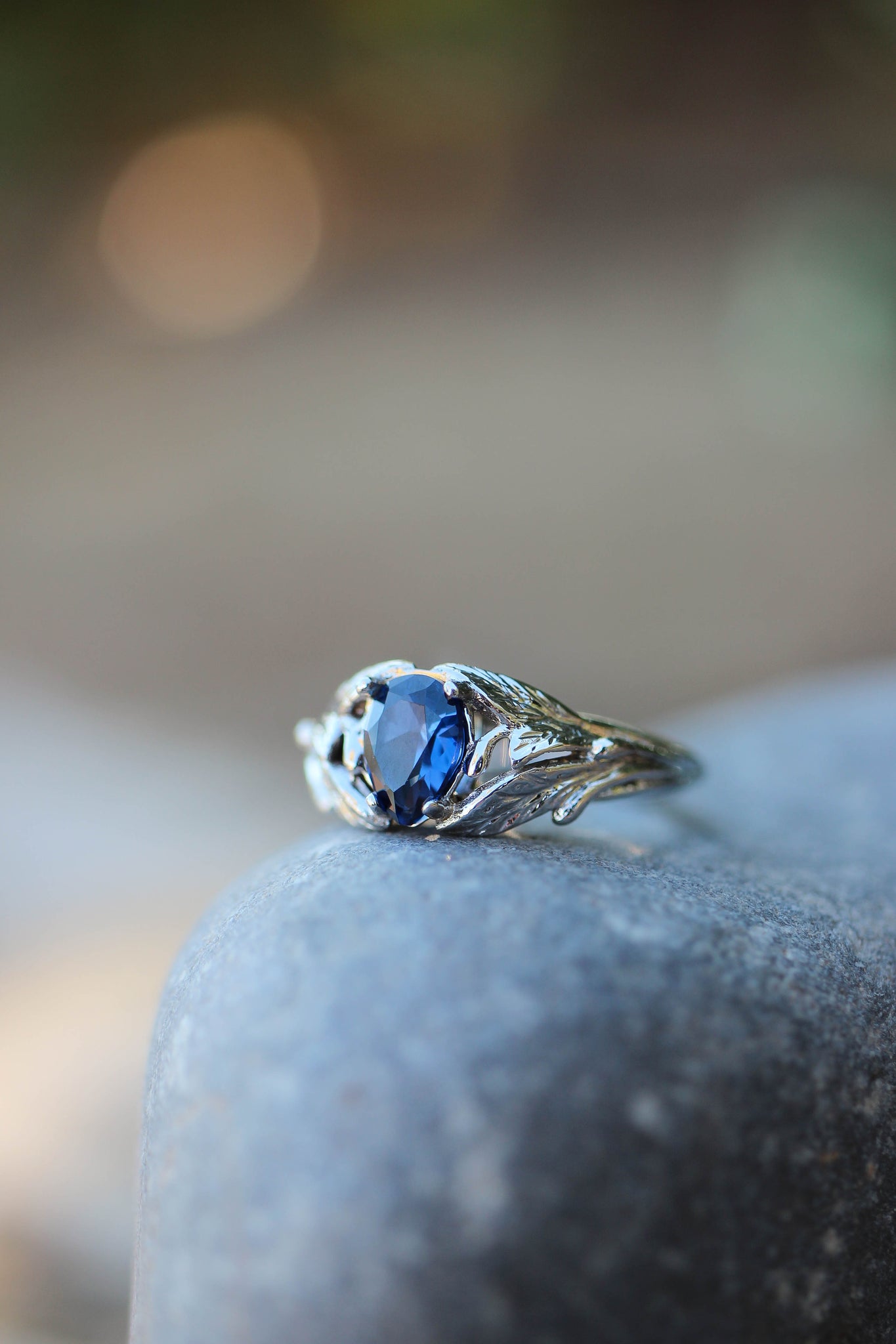 Blue lab sapphire ring, gold leaves engagement ring / Wisteria - Eden Garden Jewelry™