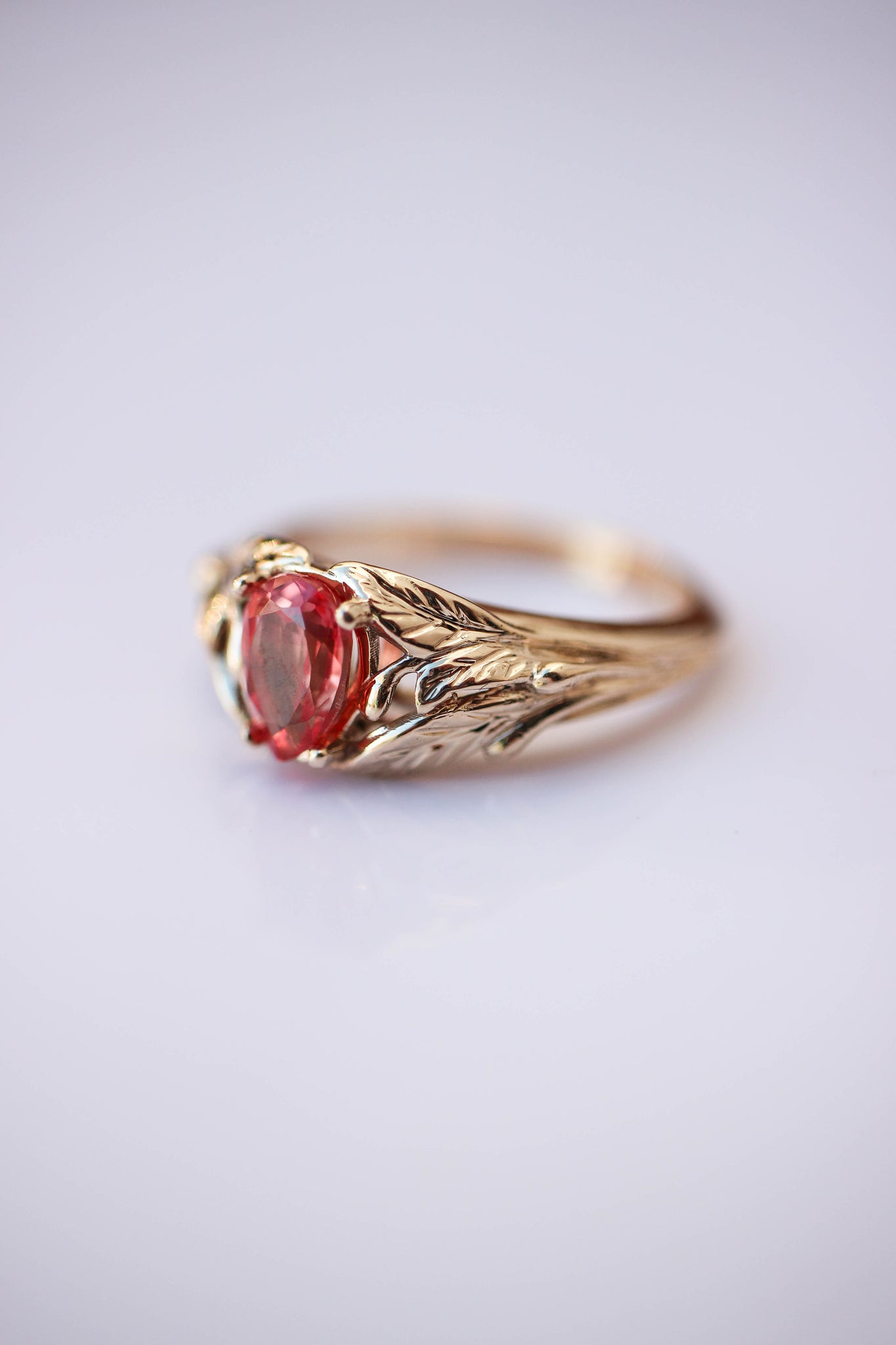 Padparadscha lab sapphire ring, leaves engagement ring / Wisteria - Eden Garden Jewelry™