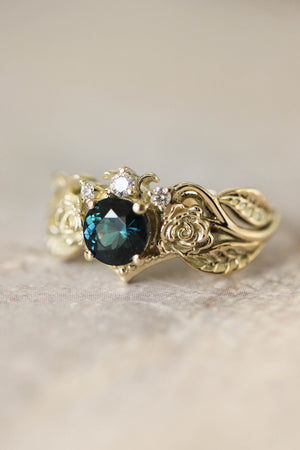 Engagement ring with two roses, sapphire and diamonds - Eden Garden Jewelry™