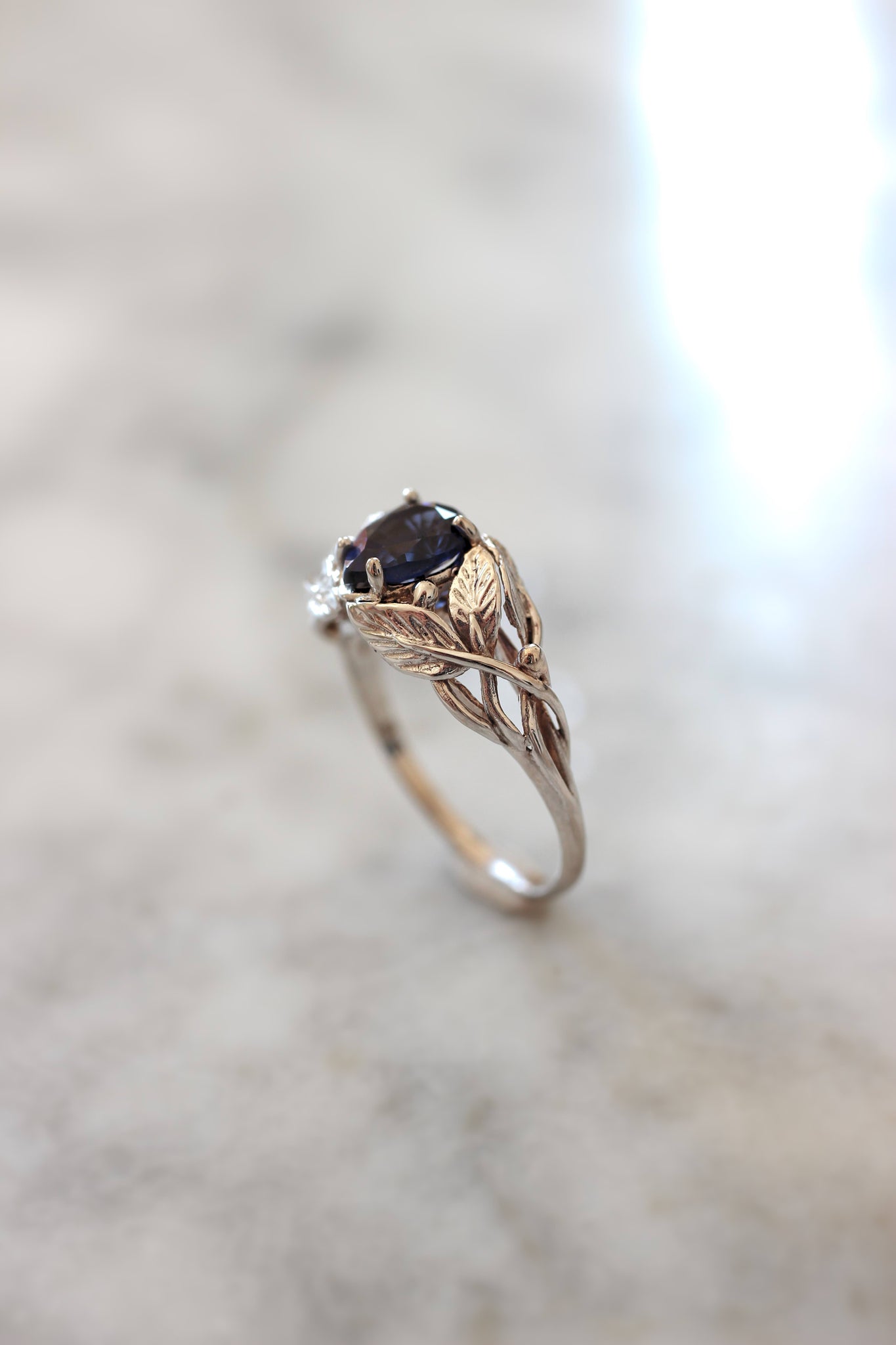 Lab sapphire engagement ring, leaves ring / Viola - Eden Garden Jewelry™