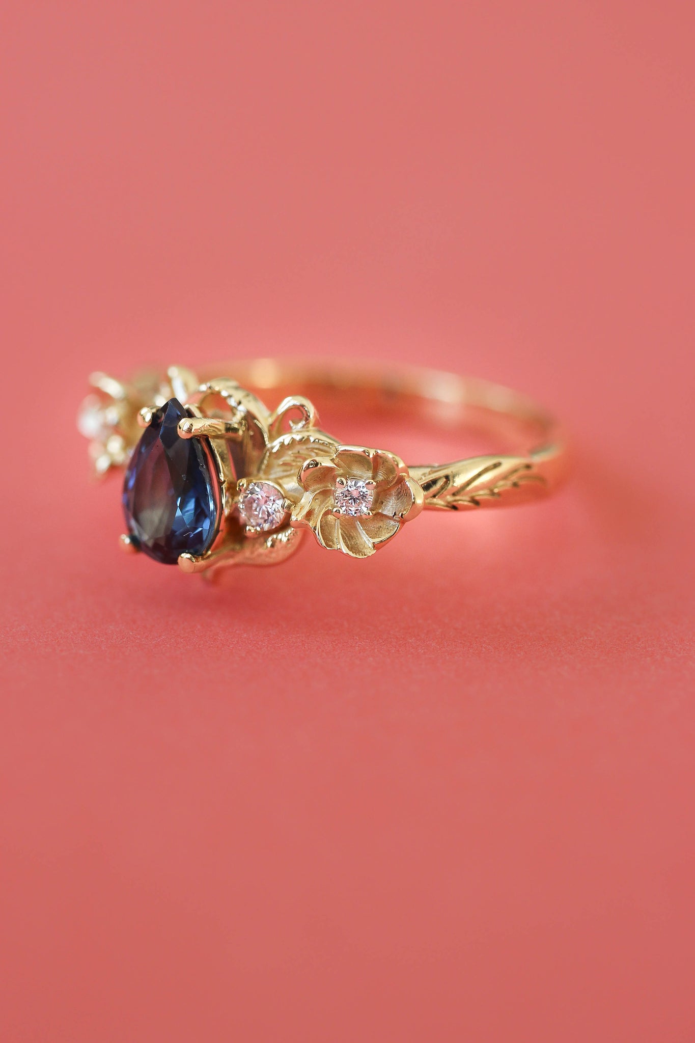 Blue sapphire and diamonds ring, flower engagement ring / Adelina - Eden Garden Jewelry™