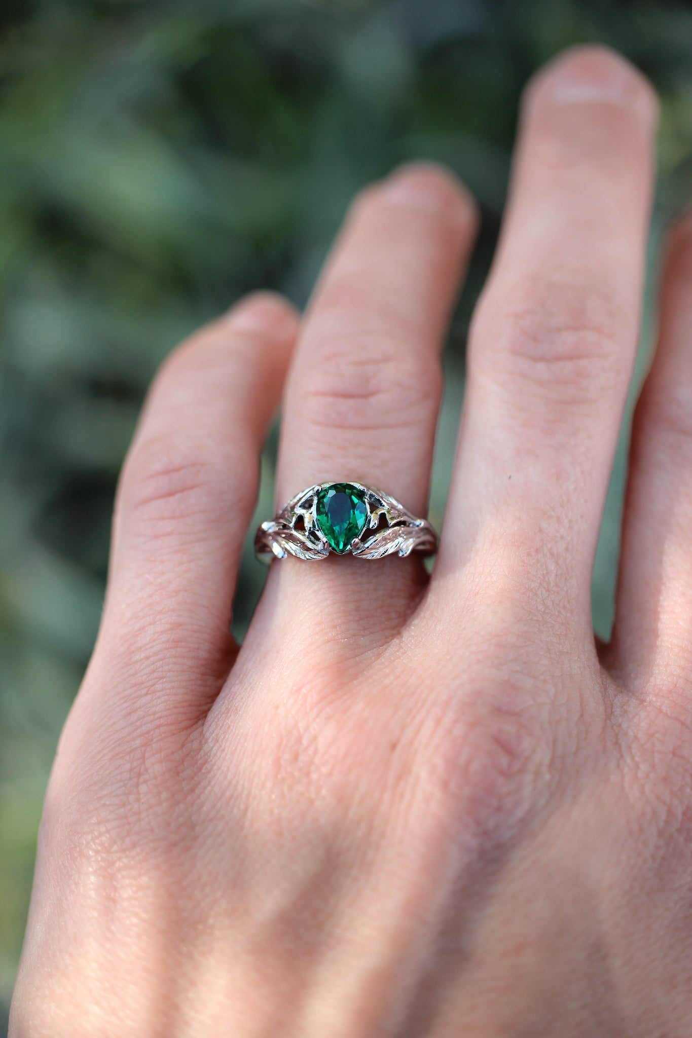 Pear cut emerald ring, leaves engagement ring / Wisteria - Eden Garden Jewelry™